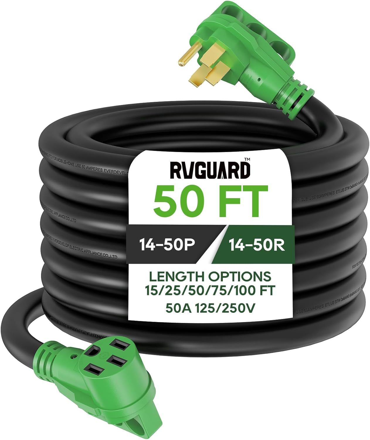 50 Amp 50 Foot RV/EV Extension Cord, NEMA 14-50P/R Heavy Duty Extension Cord with LED Power Indicator and Cord Organizer, Green, ETL Listed
