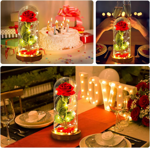 Beauty and the Beast Red Rose in Glass Dome with Fairy Light String, Valentine Rose Gift for Her, Gifts for Girlfriend, Mother'S Day Gifts