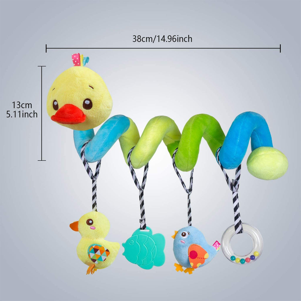Car Seat Toys, Baby Activity Spiral Plush Toys for Stroller Bar Accessories, Crib Toys with Bell for Boy or Girl, Hangings Rattle Toy with Squeaky (Yellow-Duck)
