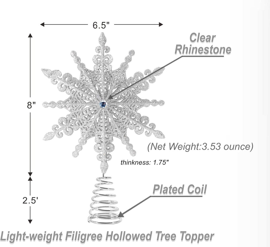8 Inch Silver Glittered Filigree Christmas Star Tree Topper Star/Home Décor Ornaments (Silver)